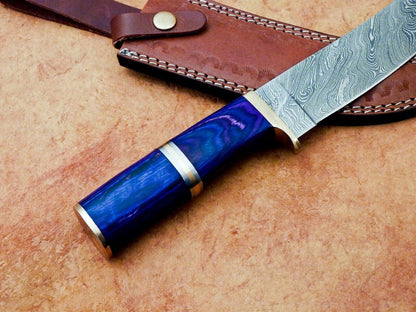 Heritage Forge 12" Damascus Steel Hunting Knife with Hardwood Handle and Leather Sheath