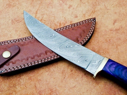 Heritage Forge 12" Damascus Steel Hunting Knife with Hardwood Handle and Leather Sheath