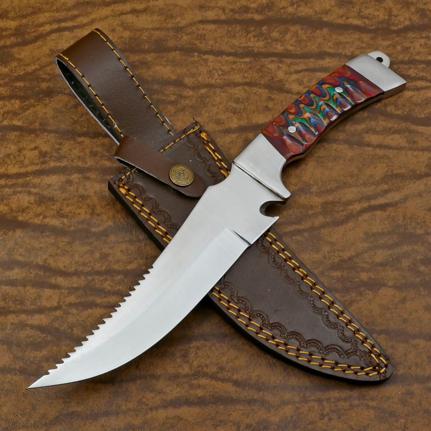 Handmade D2 Bowie Hunting Knife | 12-Inch Blade with Pakka Wood Handle & Leather Sheath