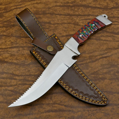 Handmade D2 Bowie Hunting Knife | 12-Inch Blade with Pakka Wood Handle & Leather Sheath
