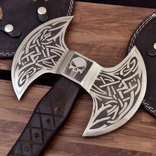 Hand-Forged Carbon Steel Double-Faced Viking Bushcraft Axe – Black Wood Handle with Leather Sheath