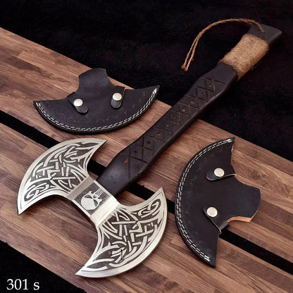 Hand-Forged Carbon Steel Double-Faced Viking Bushcraft Axe – Black Wood Handle with Leather Sheath