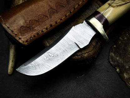 Heritage Forge Damascus Steel Hunting Knife with Bone Handle and Leather Sheath
