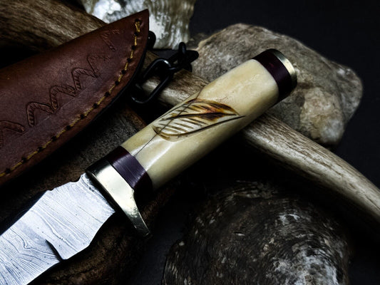 Heritage Forge Damascus Steel Hunting Knife with Bone Handle and Leather Sheath