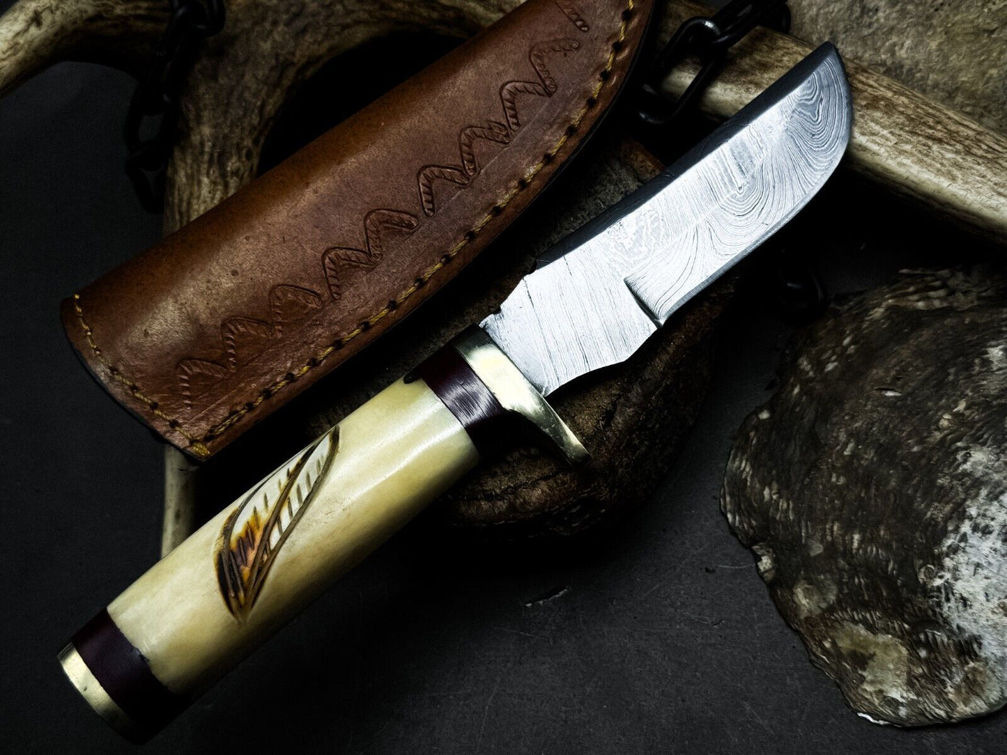 Heritage Forge Damascus Steel Hunting Knife with Bone Handle and Leather Sheath