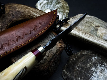 Heritage Forge Damascus Steel Hunting Knife with Bone Handle and Leather Sheath