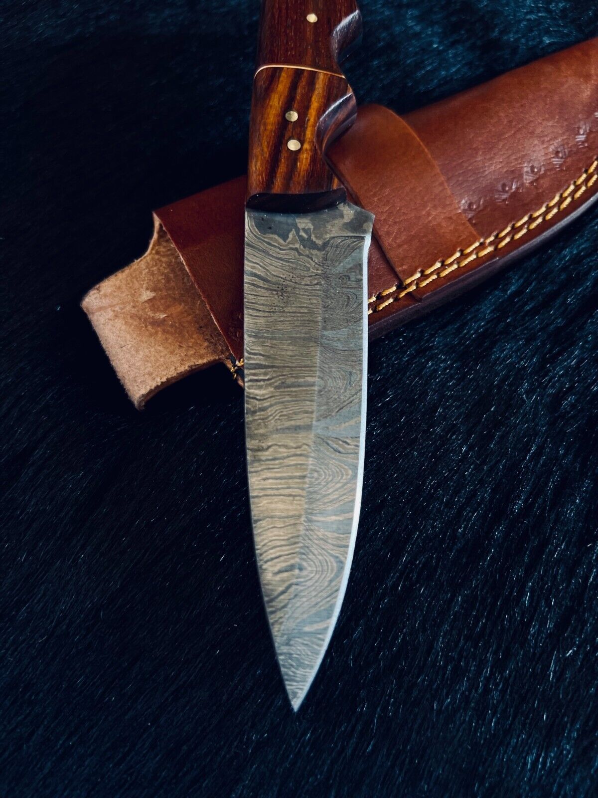 Heritage Forge 8.5 Inch Fire Damascus Steel Hunting Knife with Wood Handle