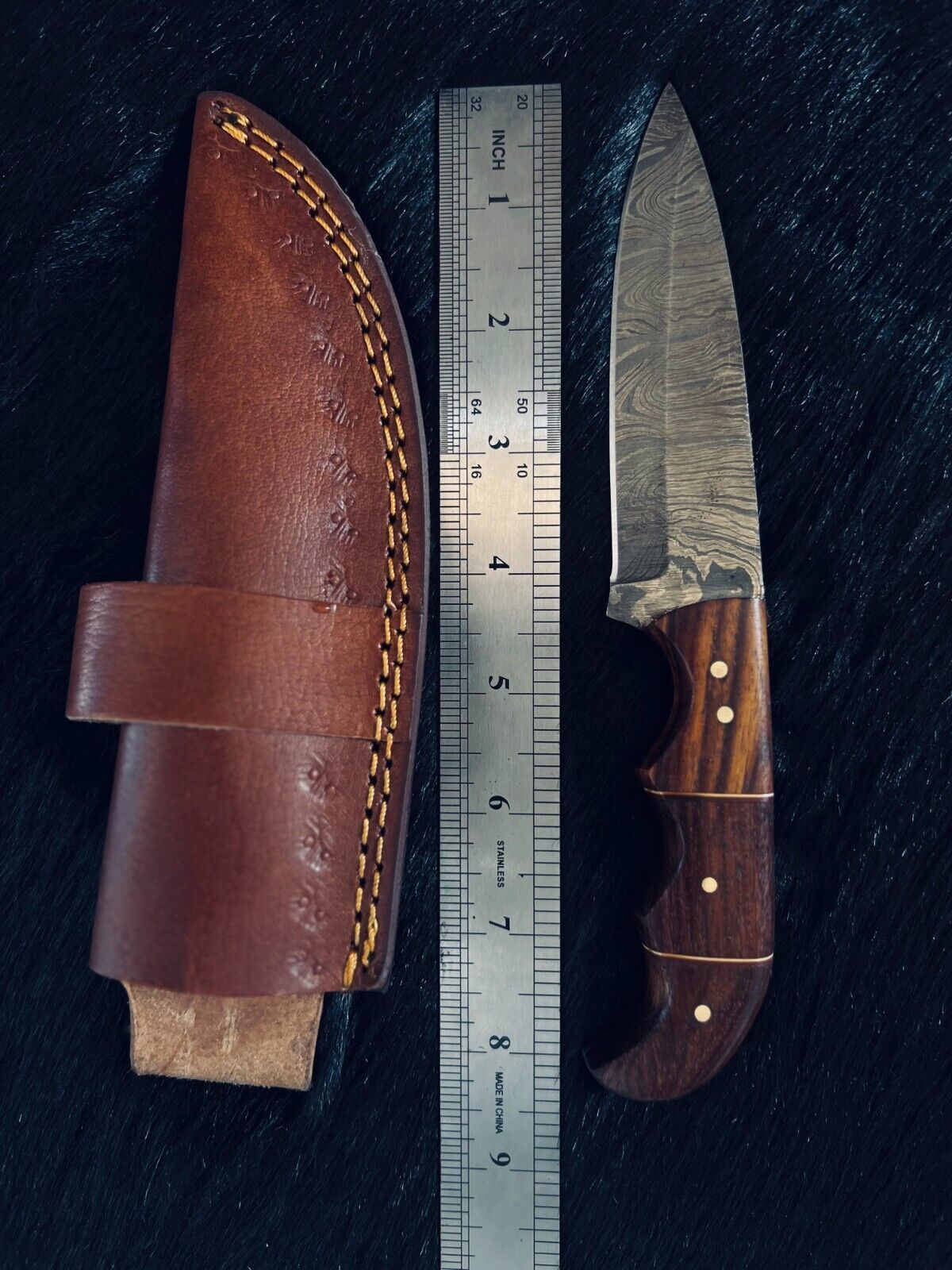 Heritage Forge 8.5 Inch Fire Damascus Steel Hunting Knife with Wood Handle