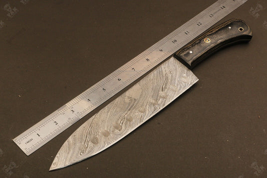 14" Custom Hand Forged Twist Damascus Steel Santoku Knife for Chef Use – Camel Bone & Wood Handle