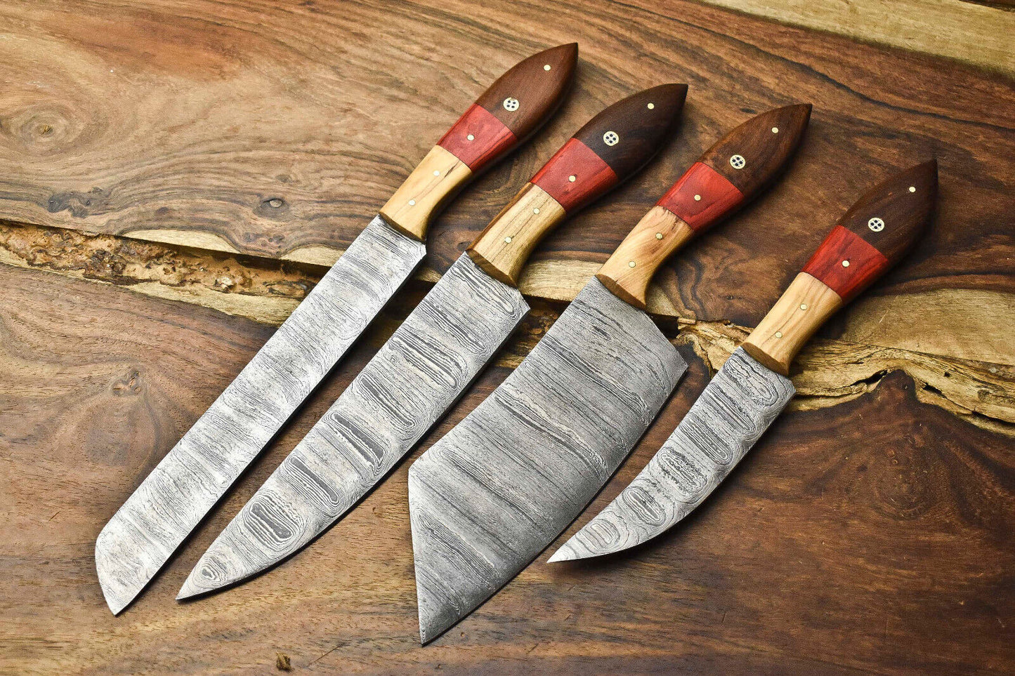 Exclusive Lot of 4 Artisan Handmade Damascus Steel Chef Knives with Signature Layered Blades
