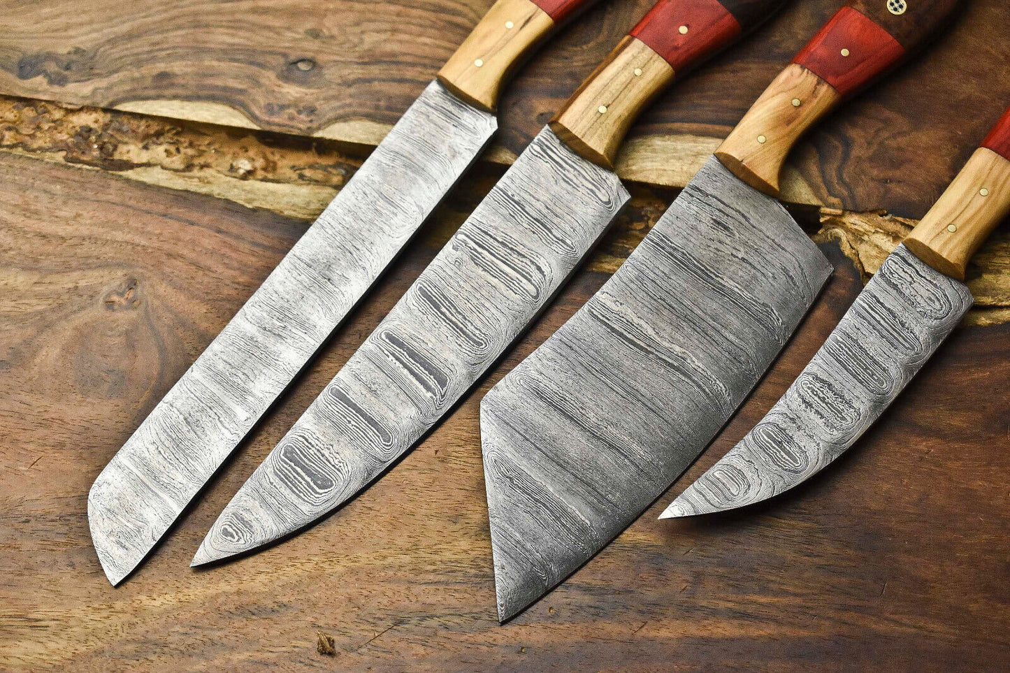 Exclusive Lot of 4 Artisan Handmade Damascus Steel Chef Knives with Signature Layered Blades