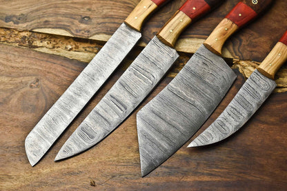 Exclusive Lot of 4 Artisan Handmade Damascus Steel Chef Knives with Signature Layered Blades