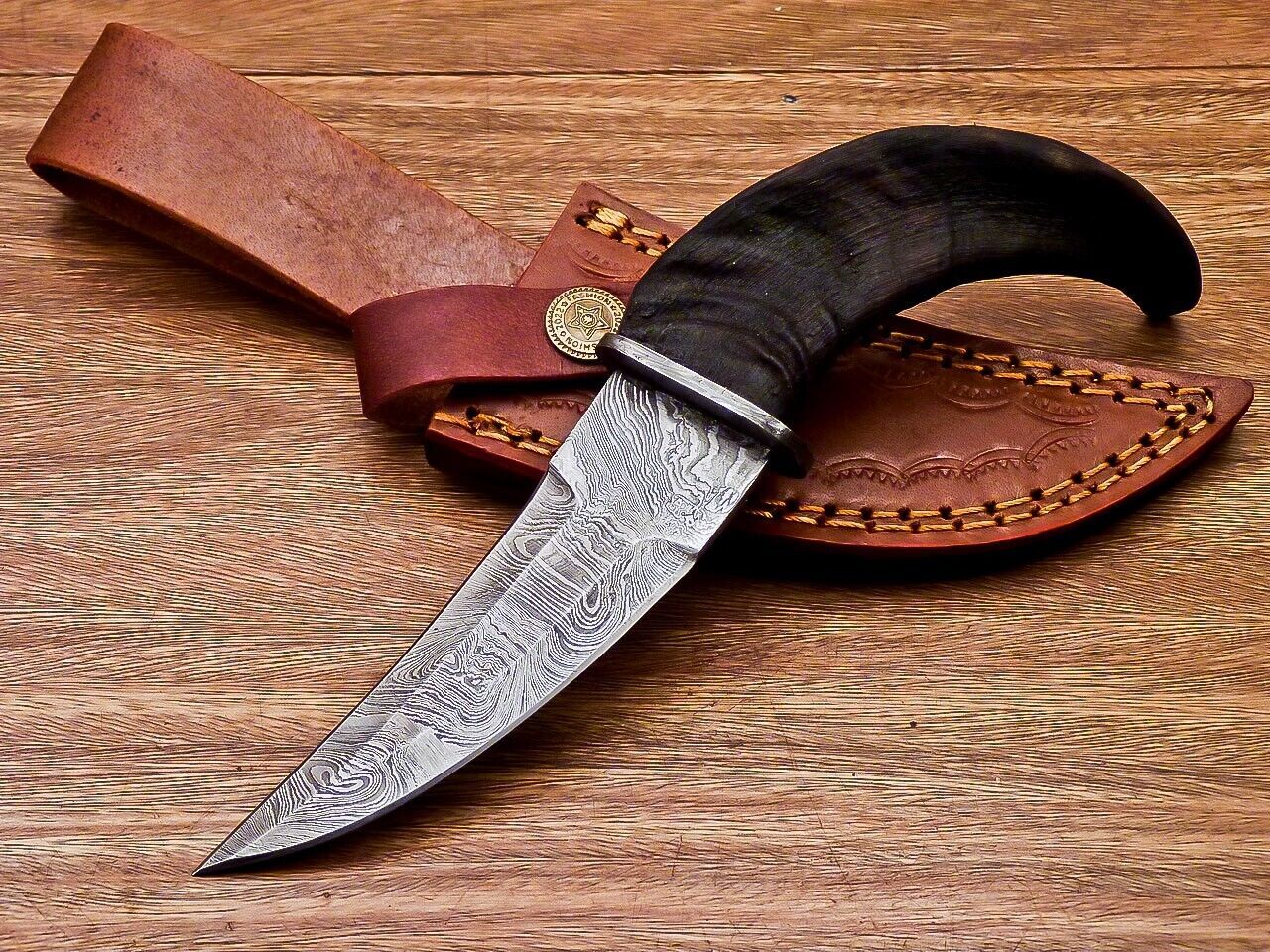 8" Ram Horn Damascus Steel Bowie Knife – Handmade Full Tang Hunting Blade