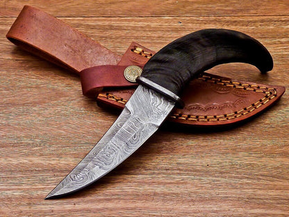8" Ram Horn Damascus Steel Bowie Knife – Handmade Full Tang Hunting Blade