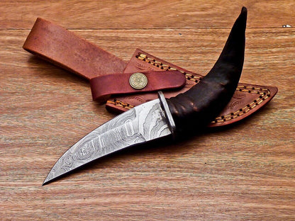 8" Ram Horn Damascus Steel Bowie Knife – Handmade Full Tang Hunting Blade