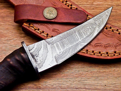 8" Ram Horn Damascus Steel Bowie Knife – Handmade Full Tang Hunting Blade