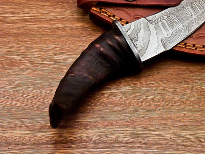 8" Ram Horn Damascus Steel Bowie Knife – Handmade Full Tang Hunting Blade