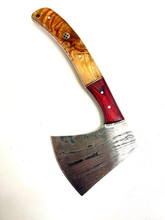 Hand Forged Damascus Combat Survival Axe with Olive Wood Handle and Leather Cover – Hunting Hatchet