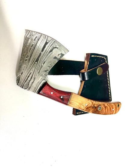 Hand Forged Damascus Combat Survival Axe with Olive Wood Handle and Leather Cover – Hunting Hatchet