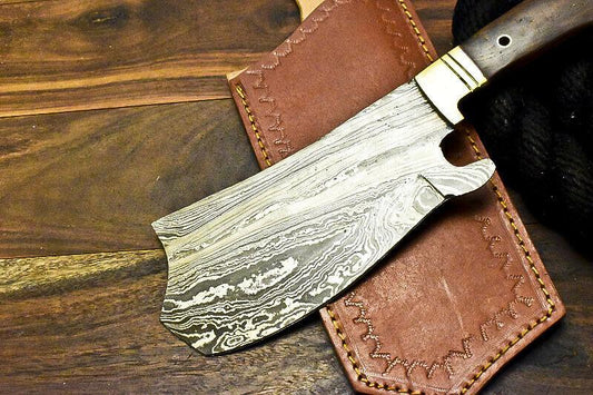 Handmade Damascus Walnut Wood Hunting Clever Chopper Axe Knife with Brass Guard and Leather Sheath