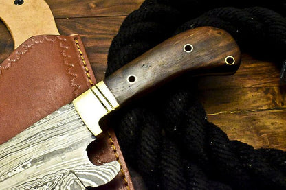 Handmade Damascus Walnut Wood Hunting Clever Chopper Axe Knife with Brass Guard and Leather Sheath