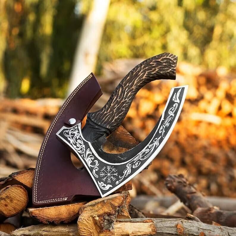 Custom Forged Replica Viking Axe Carbon Steel Bushcraft Forest Hatchet with Wooden Handle and Case