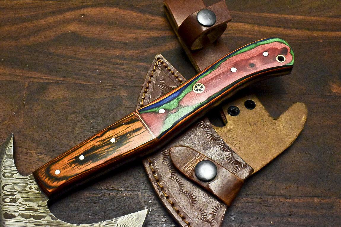 Handmade Damascus Steel Hard Wood Hunting Clever Chopper Axe Knife with Leather Sheath