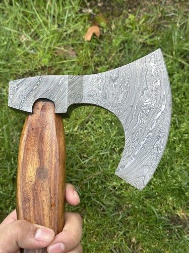 Custom Hand Forged Damascus Steel Viking Bearded Camping Hatchet Tomahawk Axe | 21-Inch with Natural Wood Handle & Leather Sheath