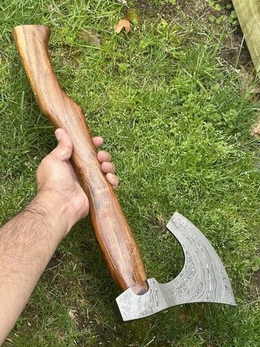 Custom Hand Forged Damascus Steel Viking Bearded Camping Hatchet Tomahawk Axe | 21-Inch with Natural Wood Handle & Leather Sheath