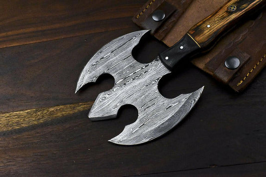 Rare Handmade Damascus Steel Axe Hunting Clever Chopper Knife Hard Wood Handle with Leather Sheath