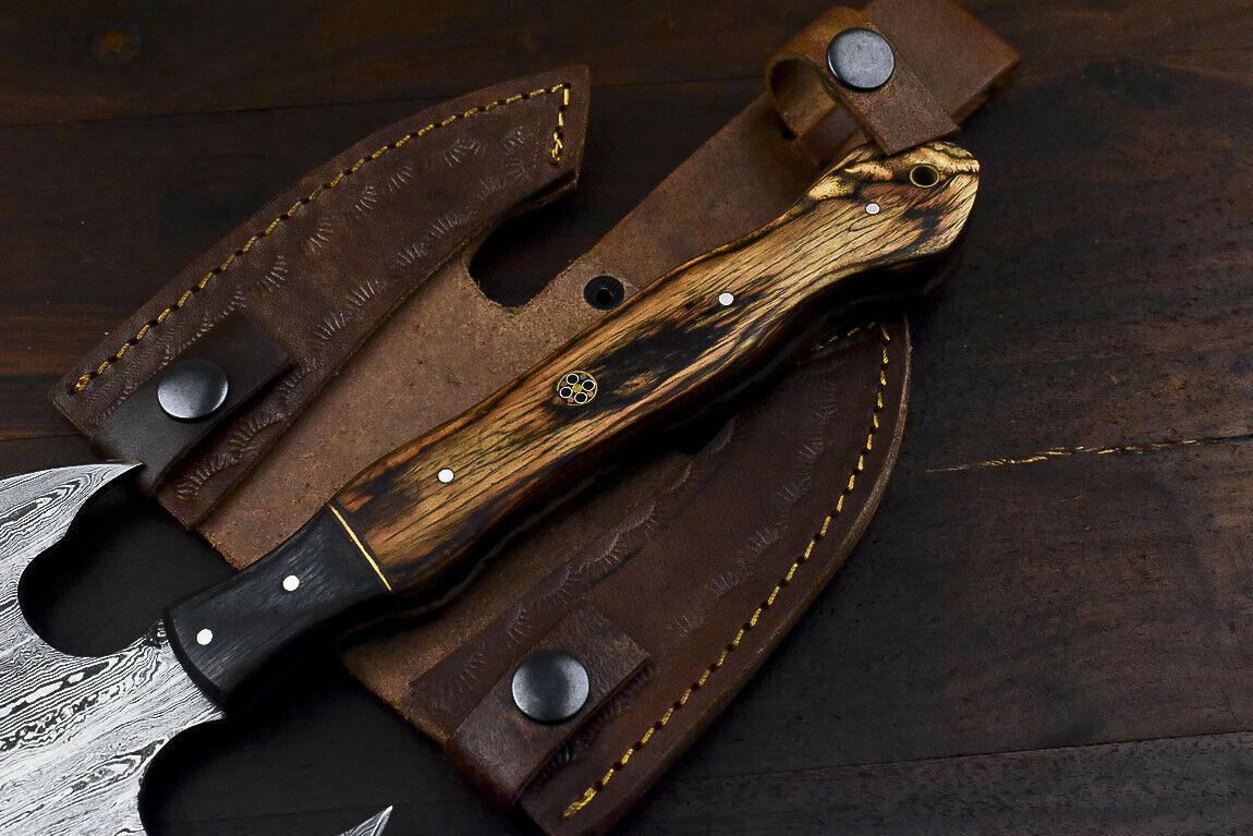 Rare Handmade Damascus Steel Axe Hunting Clever Chopper Knife Hard Wood Handle with Leather Sheath