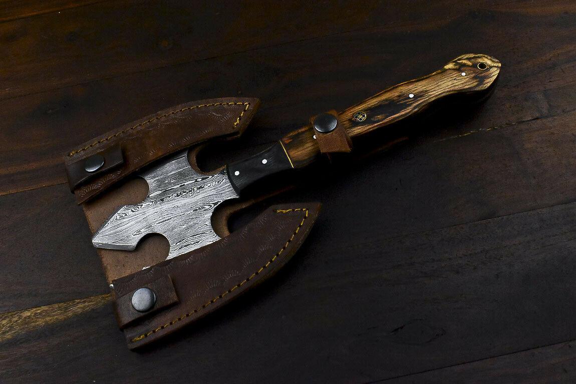 Rare Handmade Damascus Steel Axe Hunting Clever Chopper Knife Hard Wood Handle with Leather Sheath