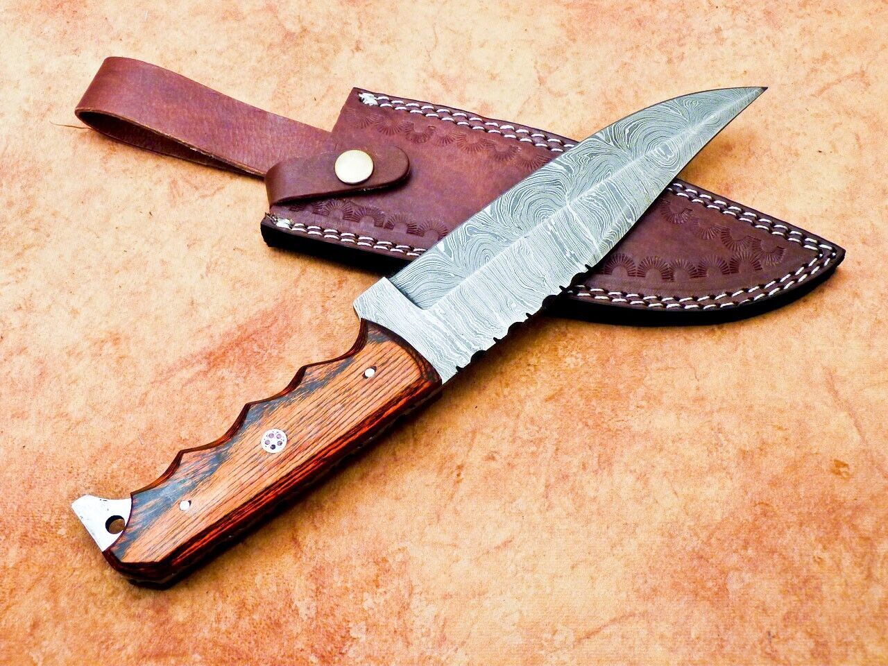 Heritage Forge 12" Custom Damascus Steel Hunting Bowie Knife Hardwood Handle