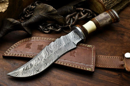 12.5" Damascus Bowie Knife with Camel Bone Handle