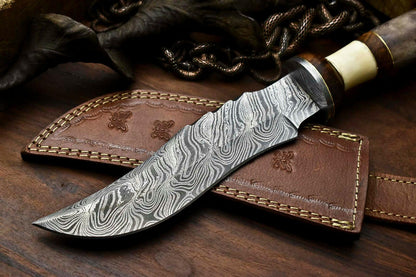 12.5" Damascus Bowie Knife with Camel Bone Handle