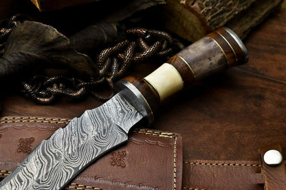 12.5" Damascus Bowie Knife with Camel Bone Handle