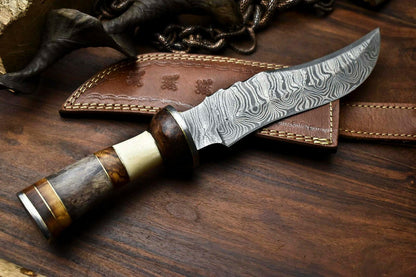 12.5" Damascus Bowie Knife with Camel Bone Handle