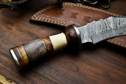 12.5" Damascus Bowie Knife with Camel Bone Handle