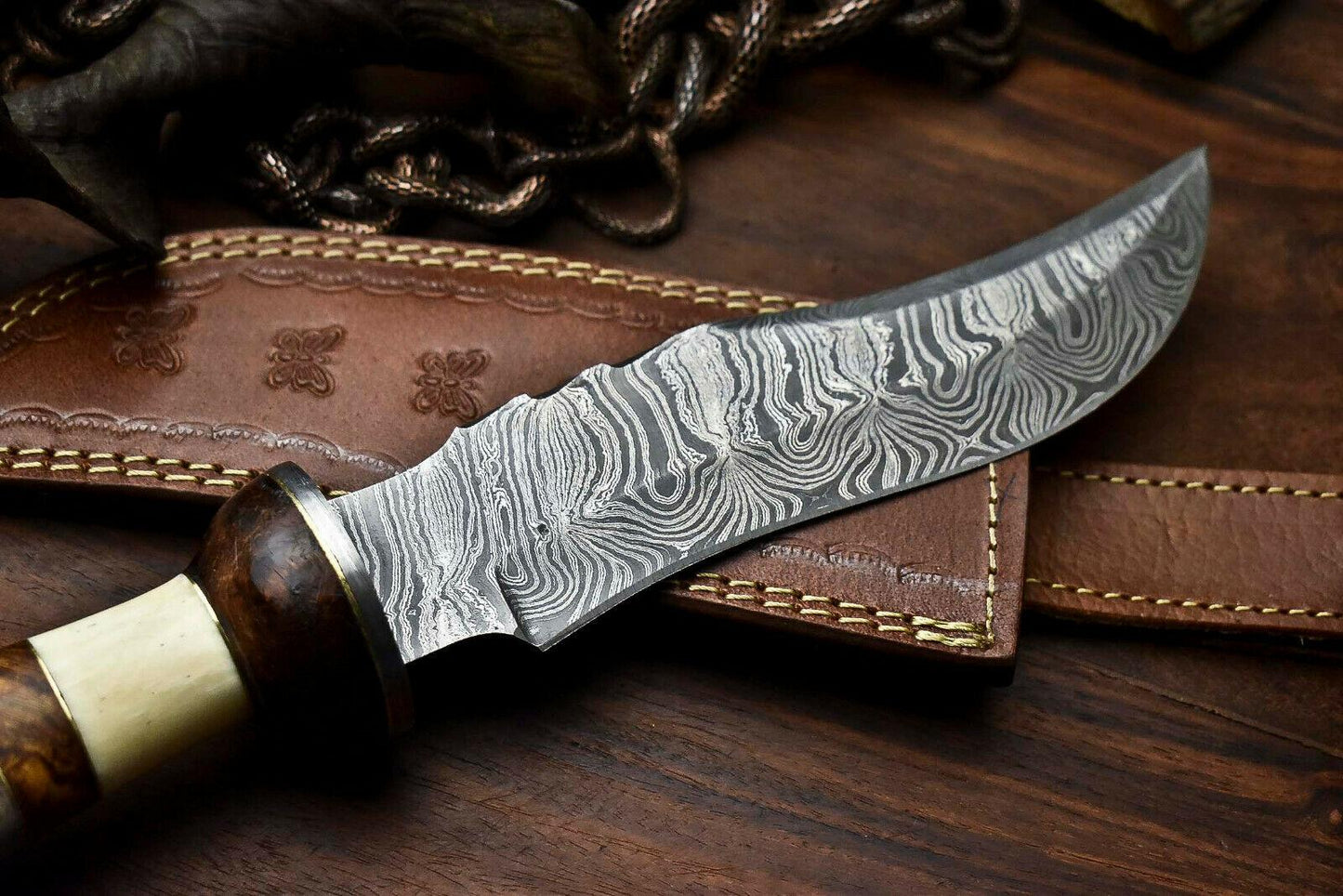 12.5" Damascus Bowie Knife with Camel Bone Handle
