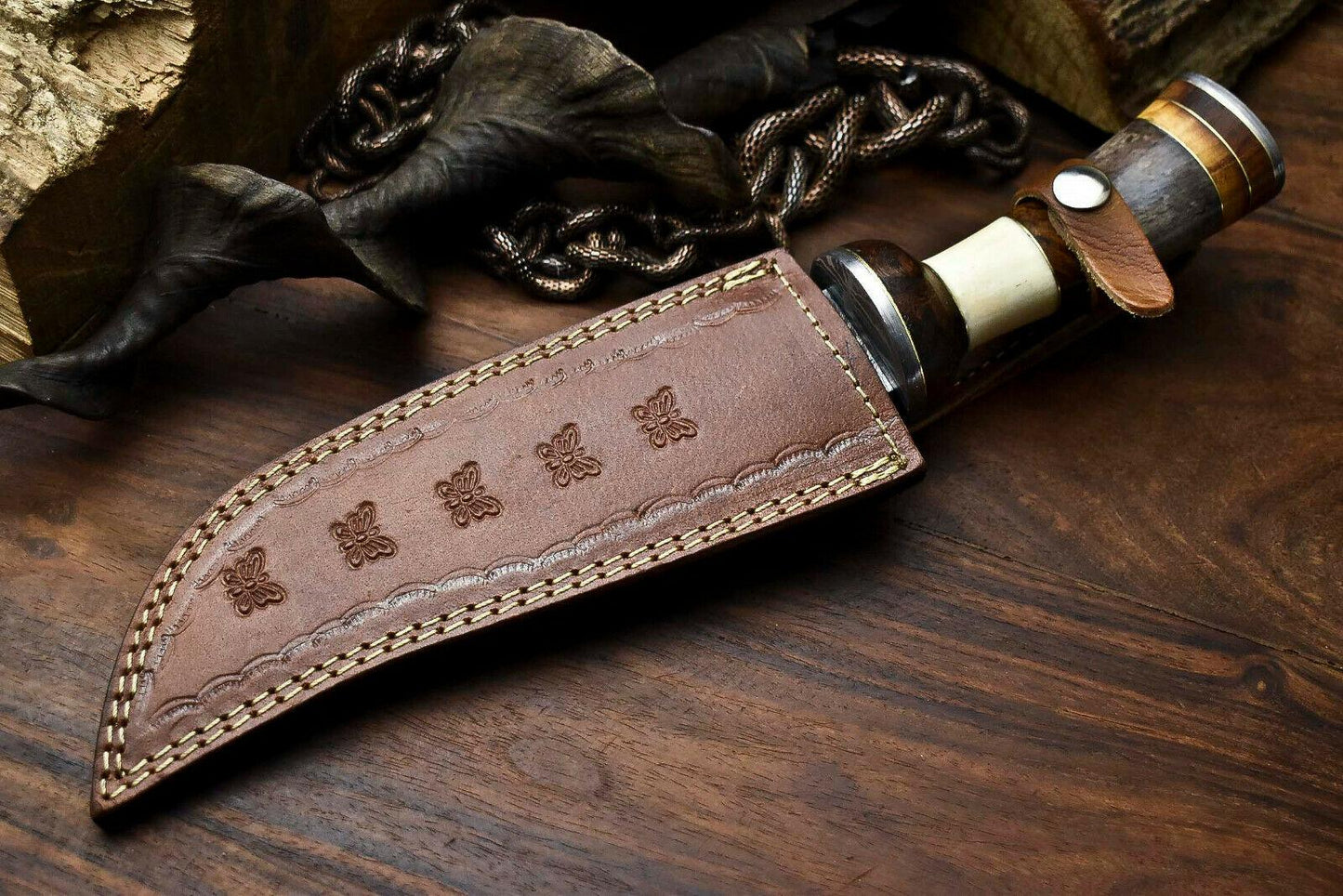 12.5" Damascus Bowie Knife with Camel Bone Handle