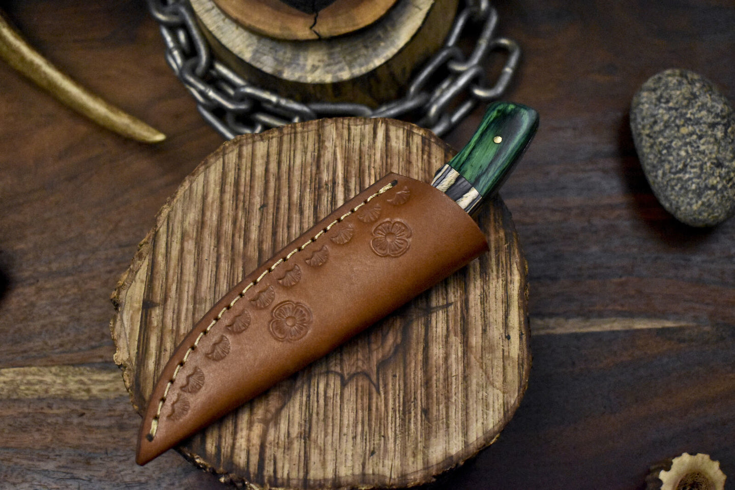 Rain Drop Damascus Skinner Knife with Hardwood Handle – 7" Handmade Tactical Hunting Blade