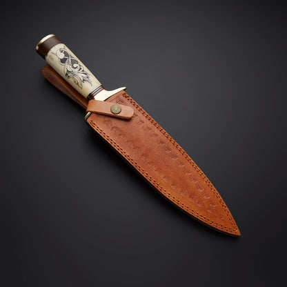 14" Camel Bone Handle Damascus Steel Bowie Knife – Full Tang Hunting Blade
