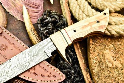 The Olive Grove Sentinel: 13" Artisan Damascus Bowie with Olive Wood Handle