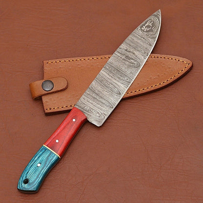 Handmade Damascus Steel Fillet & Chef Knife with Pakka Wood Handle and Leather Sheath