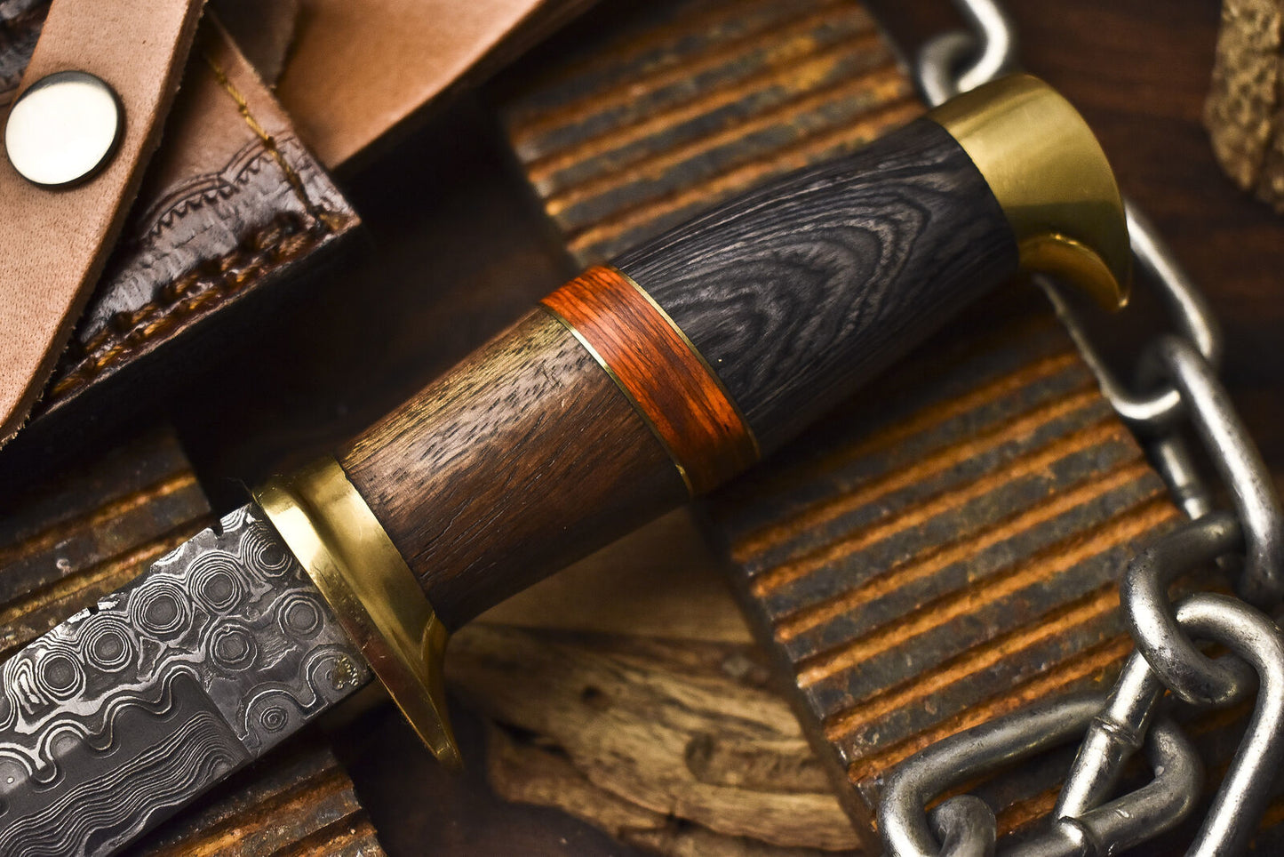 Handmade Damascus Skinner Hunting Knife Rain Drop Pattern with Hard Wood Handle and Brass Guard