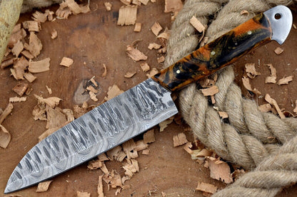 Custom Handmade Forged Damascus Steel Kitchen Chef Knife – 11" Blade with Black & Orange Raisin Handle