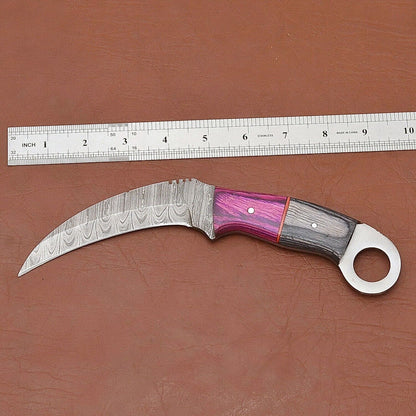 9” Custom Handmade Damascus Karambit Knife Best Karambit With  Wood Handle