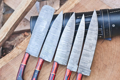 Custom Handmade Damascus Steel Chef Knife Set – 5 Pc Hand Forged Kitchen Knives
