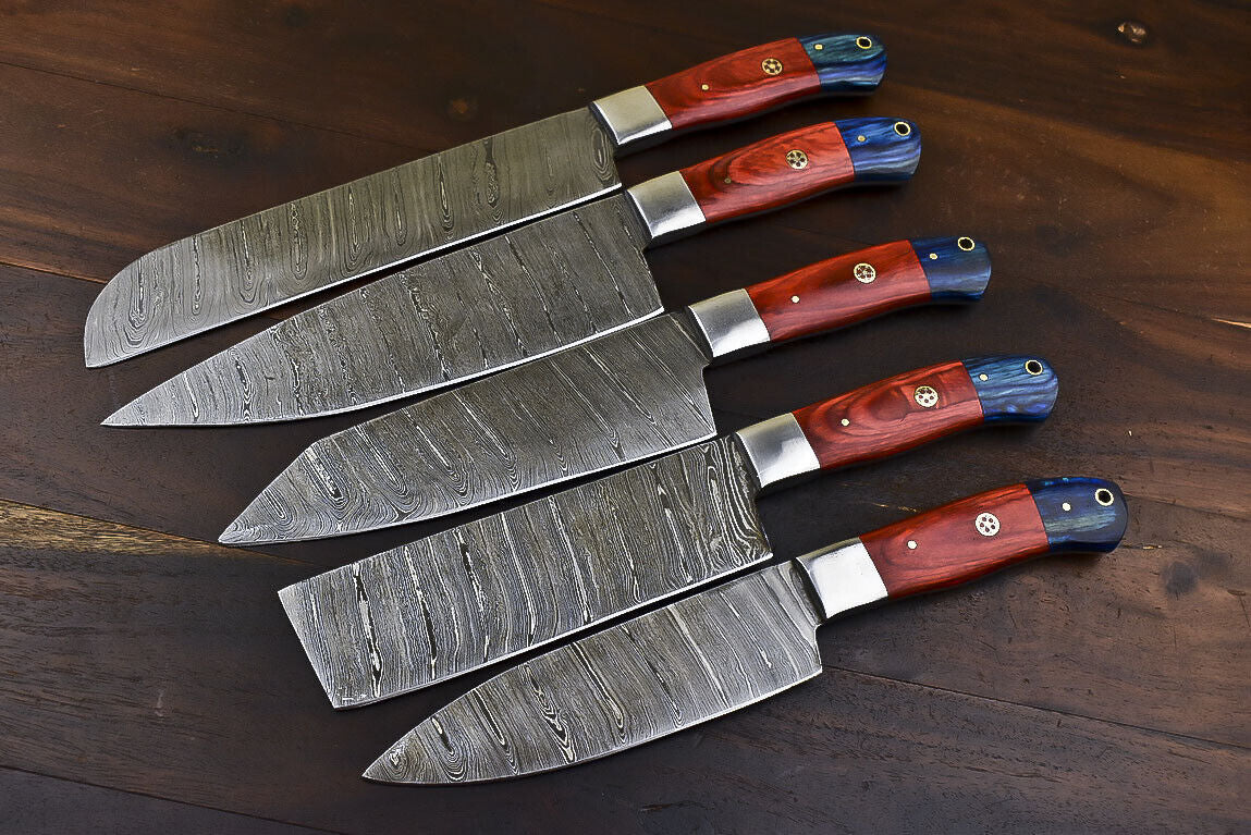 Custom Handmade Damascus Chef Knife Set of 5 | Hardwood Handle, Steel Bolster, Full Tang Survival Bushcraft Knives