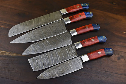 Custom Handmade Damascus Chef Knife Set of 5 | Hardwood Handle, Steel Bolster, Full Tang Survival Bushcraft Knives